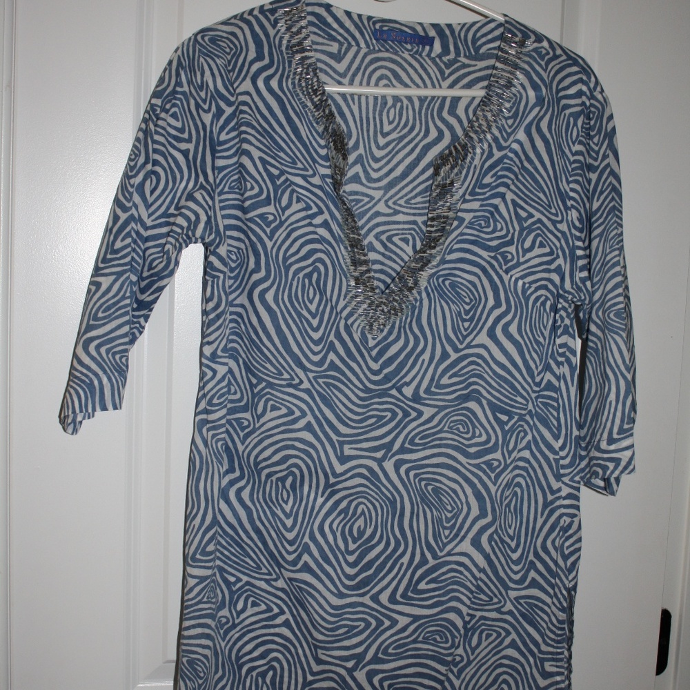 blue & white beaded neckline coverup or tunic